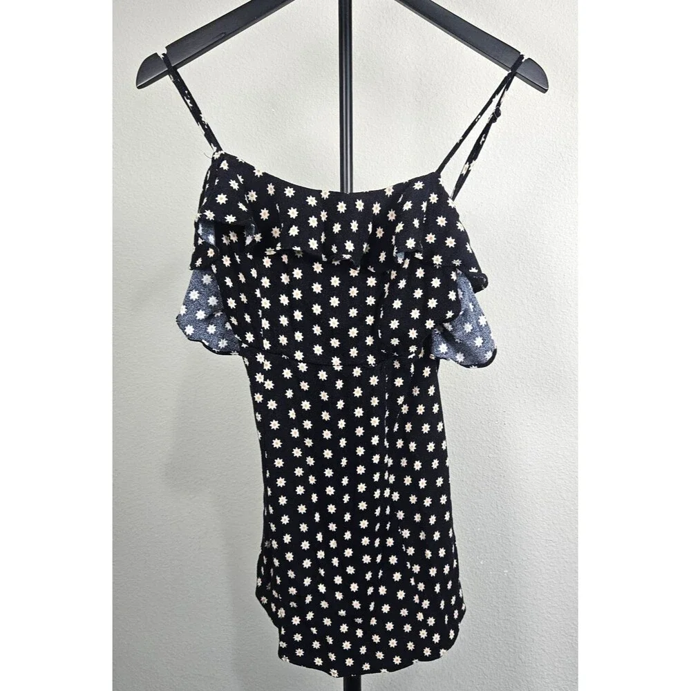 Free People XS Black Daisy Print Cold Shoulder Top Ruffle Trim Boho Rayon‎ Cami